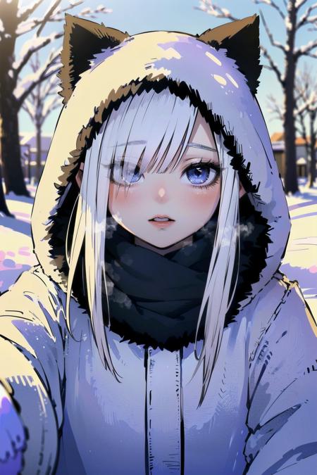 (best quality, masterpiece:1.1), (Intricate detailed:1.2),    <lora:Zyugoya-10:0.65>,  close up,  looking at viewer, staring, (facing up:1.2),  (1girl), Yawning, white hair, asymmetrical bangs, hair over one eye,        (Eskimos Tribal Fur-Parka With Fur-hood And Fur-Gloves:1.1) BREAK ( (A winter wonderland scenary), surrounded by snow-covered trees and a blanket of snow on the ground. admiring the beauty of the winter landscape) in the background,