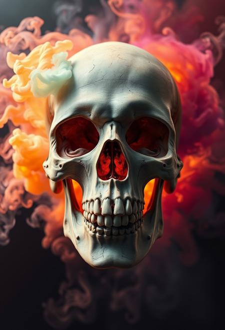 detailed Skull exploding from the inside into multi-colored smoke, high quality, 4K, hyper realistic