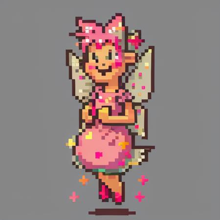 <lora:SNES Earthbound Enemies V11-000008:0.9>,Earthbound_enemy, neutral grey background, pixelart, fairy, smile, pixie, pink hair, floating, drop shadow, sparkles, magic, trickster