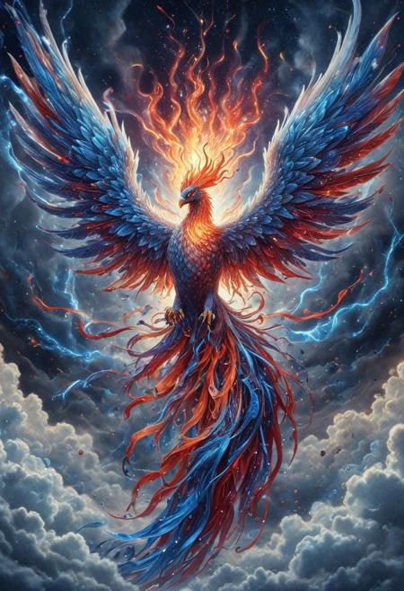 celestial marble phoenix Made of CosmicStyle, flying through liquid sky, clouds melting into ribbons of color, fluid scales shimmering with white blue and red hues, glowing eyes, dynamic wings of flowing liquid, painterly lighting, vast fantasy environment, surreal atmosphere, highly detailed, magical realism, CosmicStyle