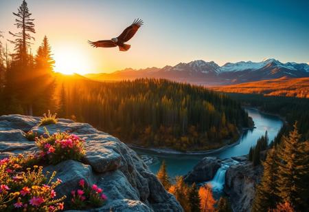 In the warm light of sunset, a majestic eagle soars overhead as the American wilderness unfolds before us. A rugged rocky outcrop, adorned with vibrant wildflowers, overlooks the serene river winding through the valley below. The forest's towering trees, their leaves tinged with autumn's warm hues, stretch towards the sky. A cascading waterfall feeds into the river, its gentle melody a symphony of nature. In the background, snow-capped peaks rise majestically, bathed in the golden light of sunset, their mirrored reflections rippling across the tranquil waters.
The rocky outcrop's rough texture is juxtaposed with the delicate petals of the wildflowers, while the forest's intricate foliage and the eagle's soft plumage contrast with the river's smooth surface. The warm lighting casts a soft glow on the landscape, inviting contemplation and awe. Every element contributes to a harmonious composition that celebrates the grandeur and tranquility of this vast, untamed wilderness.