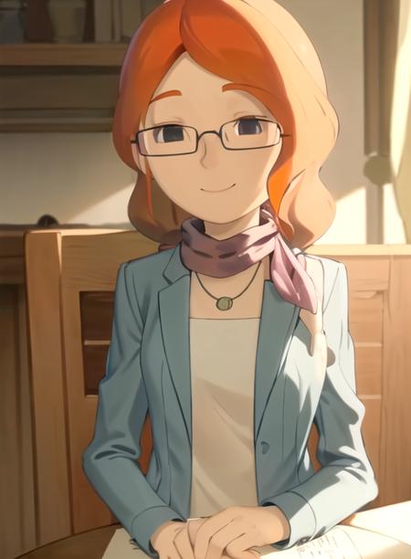 best quality, (masterpiece),(ultra-detailed), (high quality), (high resolution), <lora:clairef-10:1>,1girl,orange hair, chair, claire foley, glasses, hairclip, indoors, jacket, jewelry, long hair, necklace, scarf, skirt, sleeveless, smile, sun hat, upper body, variations,braid,