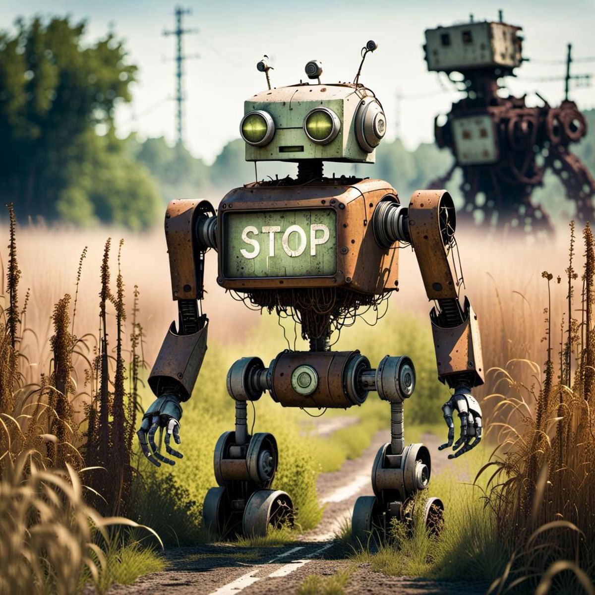 A large robot with a sign that says stop on a road.
