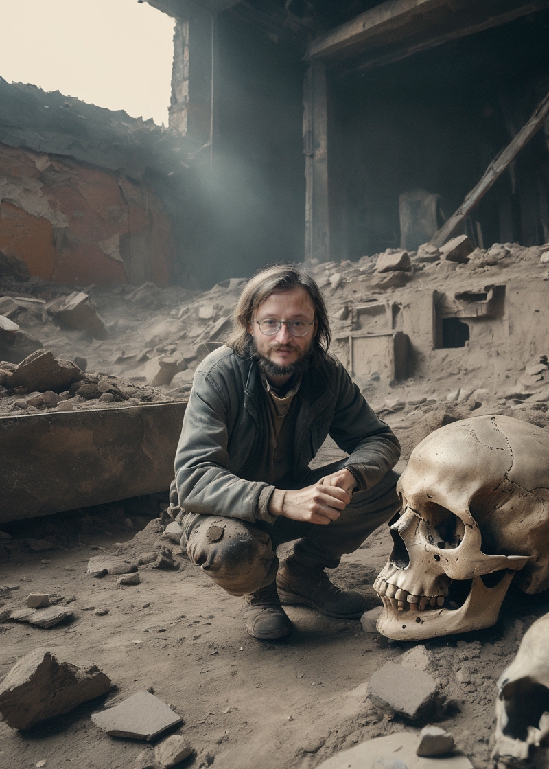 A Man Sitting Next to a Skull Sculpture in a Dilapidated Building.