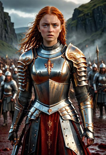 High resolution ultra-realistic of Beautiful burly Joan of Arc, 8k, capturing the intensity of the moment, cinematic lighting, standing on a bloody and stormy Battleground in a fighting pose, wavy red hair, realistic bloody dirty pale face, realistic blue eyes, fire, intricately designed iron and silver medieval armor, brown mini skirt, LOTR Aesthetic, perfect athletic figure, beautiful Sadie Sink as Joan of Arc, fire, ultra realistic, cinematic style, athletic figure, dark fantasy, dramatic lighting, wet and sweaty skin, dirty skin, athletic figure, dark medieval, dramatic lighting, Greg Rutkowski style,, Warrior girl on in iron armor, hyper-detailed, hyper-realistic, bright colours, Attractive 25 old years girl, Attractive, beautiful firm Breasts, sharp focus, digital painting, Photograph Taken on Nikon D750, Alphonse Mucha, 8K, athletic figure, Hyperdetailed, hyperrealism, Attractive, Attractive bust girl, asymmetric balance