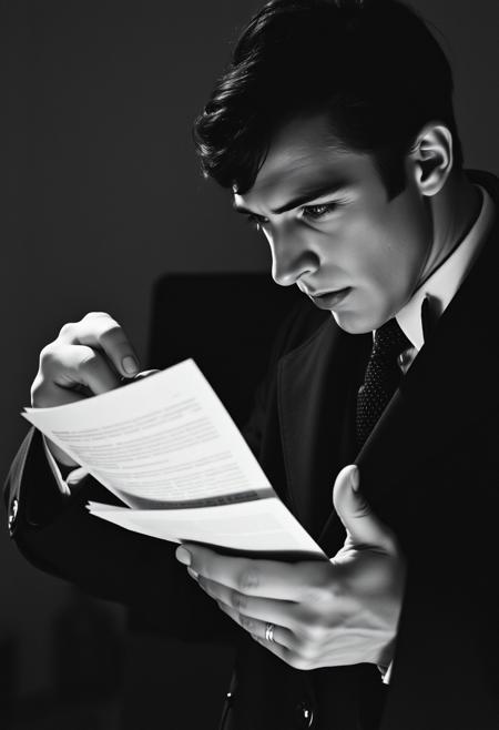 Sherlock Holmes examines clues , portrait photography, black-and-white imagery, minimalist compositions, dramatic lighting, sharp contrasts, expressive poses, celebrity subjects, iconic moments, intimate atmosphere, timeless elegance, mid-20th-century style, focus on personality and character.