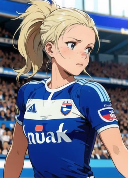 <lora:marion_rousse:1> portrait of marion_rousse, detailed, soccer, blue and white french soccer shirt,RC Strasbourg,  (running), blue jersey, ponytail hair, in an urban soccer stadium , sweaty, sexy, blonde hair, freckles, looking at viewer