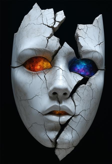 A surreal and evocative image depicting a flawless porcelain mask subtly cracking and fracturing, revealing glimpses of vibrant, swirling colors beneath. The lighting is soft and diffused, highlighting the delicate balance between fragility and hidden vibrancy. The background is a deep, velvety black, emphasizing the stark contrast and sense of mystery. Photorealistic, cinematic lighting, 8k resolution, octane render, volumetric light, inspired by the works of Renï¿½ Magritte and Salvador Dalï¿½, surrealism, beauty, detail, dramatic composition, sense of mystery.