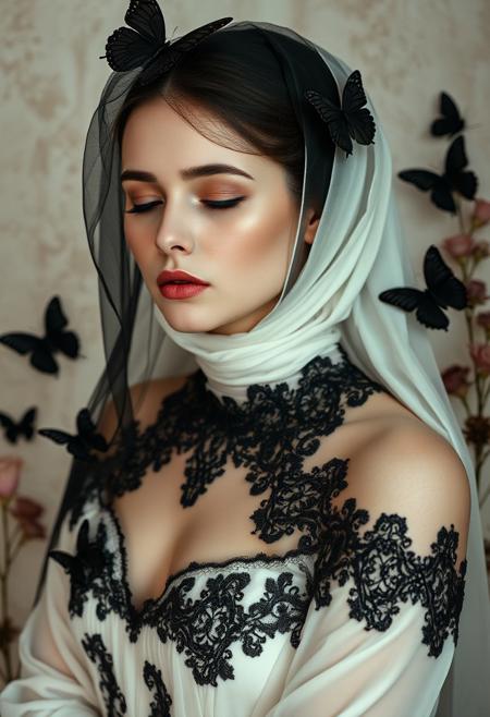 elegant woman, black veil, ivory gown, black lace, gothic romance, melancholic mood, dark butterflies, soft textured background, botanical motifs, dreamlike atmosphere, serene expression, poetic composition, introspective mood, fantasy portrait, romantic gothic style, surreal conceptual photography, cinematic storytelling, highly staged dreamlike compositions, crisp painterly precision, imaginative and unexpected elements, vintage-inspired aesthetics, retro-futuristic color palette, soft pastels with deep contrasts, mid-century modern influences, whimsical yet sophisticated atmosphere