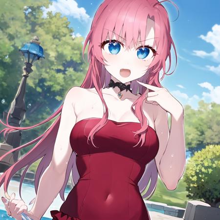 masterpiece, best quality, ultra-definition, 8k, 1girl, <lora:EMCordeliaLORA_v1-07:1>, emcordelia, wet, red one-piece swimsuit, strapless, frilled swimsuit