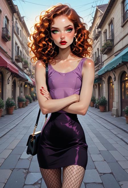 outdoors, busy street setting, sunshine, beautiful, masterpiece, detailed, solo, 1 girl, Sandy, freckles, curly hair, long ginger hair, makeup, red lipstick, eye shadow, hoop earrings, green eyes, looking at viewer, lips slightly parted, tight waist, freckles on shoulder and chest, tiny breasts, shy, cute, skinny, petite, delicate, crossed arms, purple shirt, black mini skirt, high heels, looking at viewer, handbag, fishnet stockings