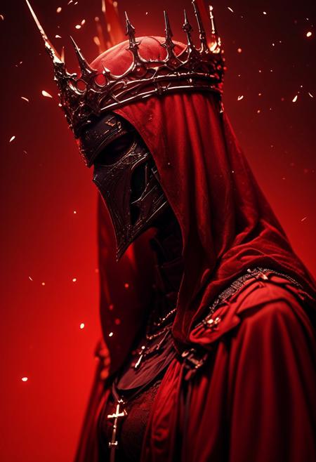 (score_9, score_8_up), score_7_up, 1girl, simple background, jewelry, upper body, hood, necklace, armor, from side, mask, halo, helmet, cross, crown, veil, cloak, red background, spikes, hood up, robe, red theme, covered face, helm
, 
depth of field, blurry background, black background, dark, CINE, embers, 
 <lora:unholy-000009:0.75>   <lora:CINE-000008:0.5>