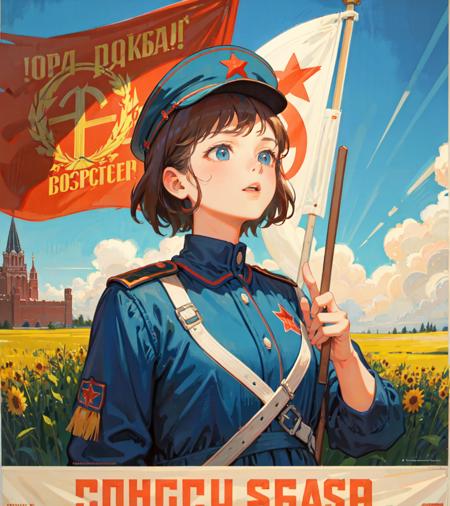 CCCPposter, soviet poster, poster , sovilet, flag, field, sky, uniform, 1girl, solo, calling, upper_body,  <lora:CCCPposter_v2.0_locon_noiseoffset_AdamW8bits:0.7>