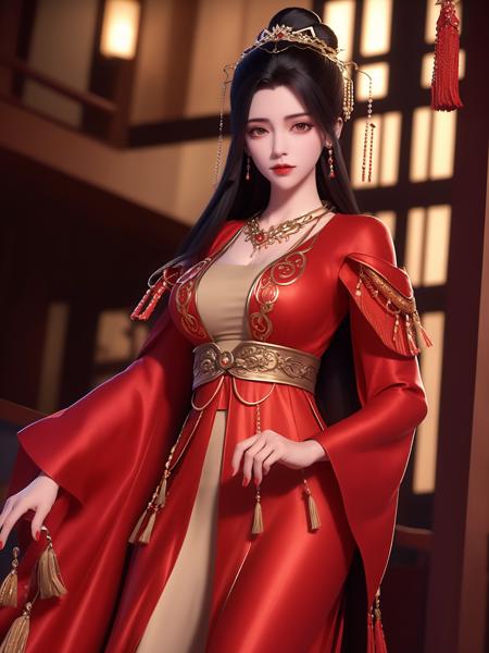 1girl,WMSJyuechanHFgf3,cityscape,night,looking at viewer,red long dress,hair ornament,cowboy shot,hair bun,pearl,tassel hair ornament,necklace,<lora:WMSJyuechanHFgf_20230804140614:0.8>,coat,