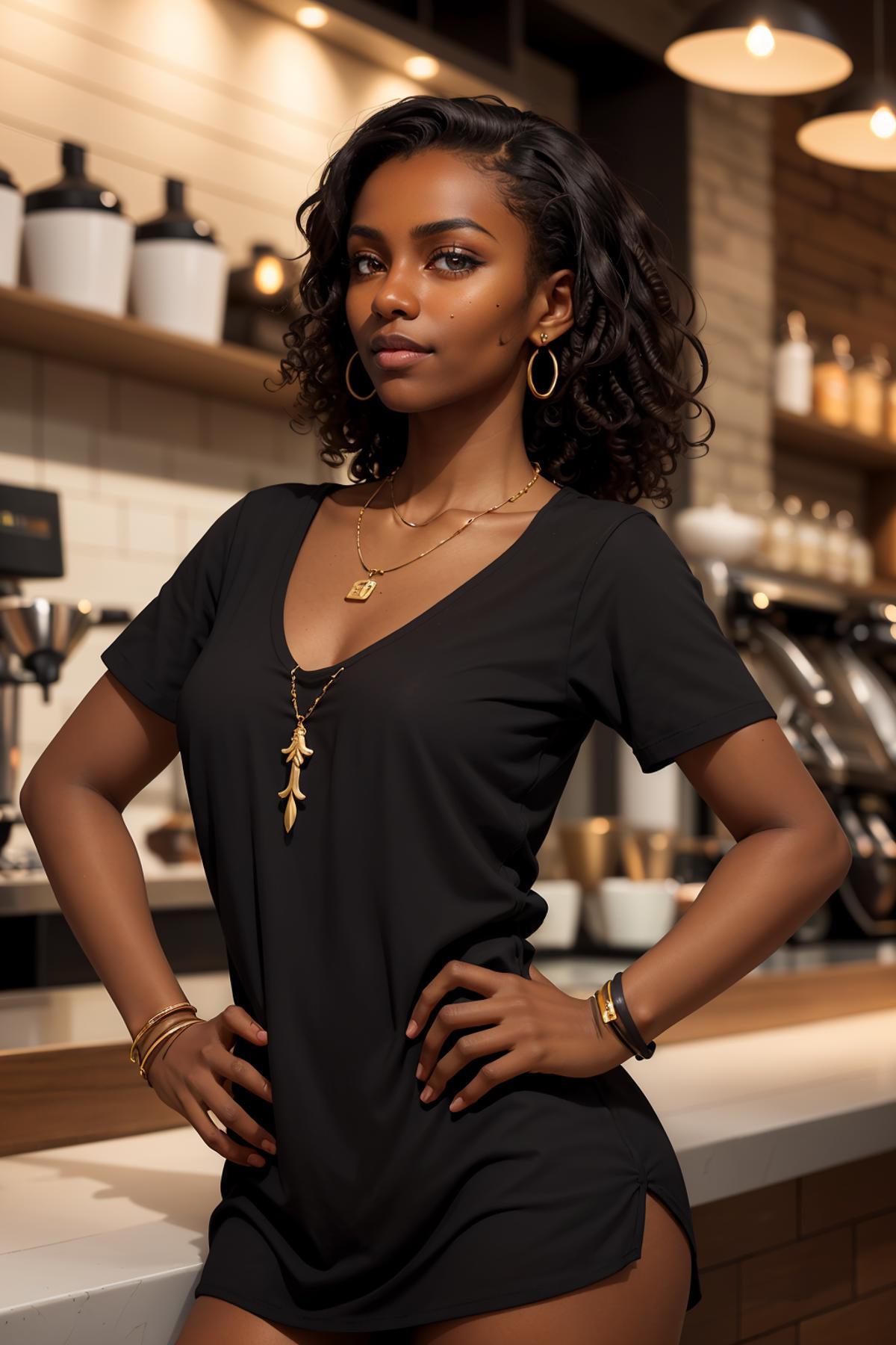 A woman wearing a black shirt and gold hoop earrings poses in a kitchen.