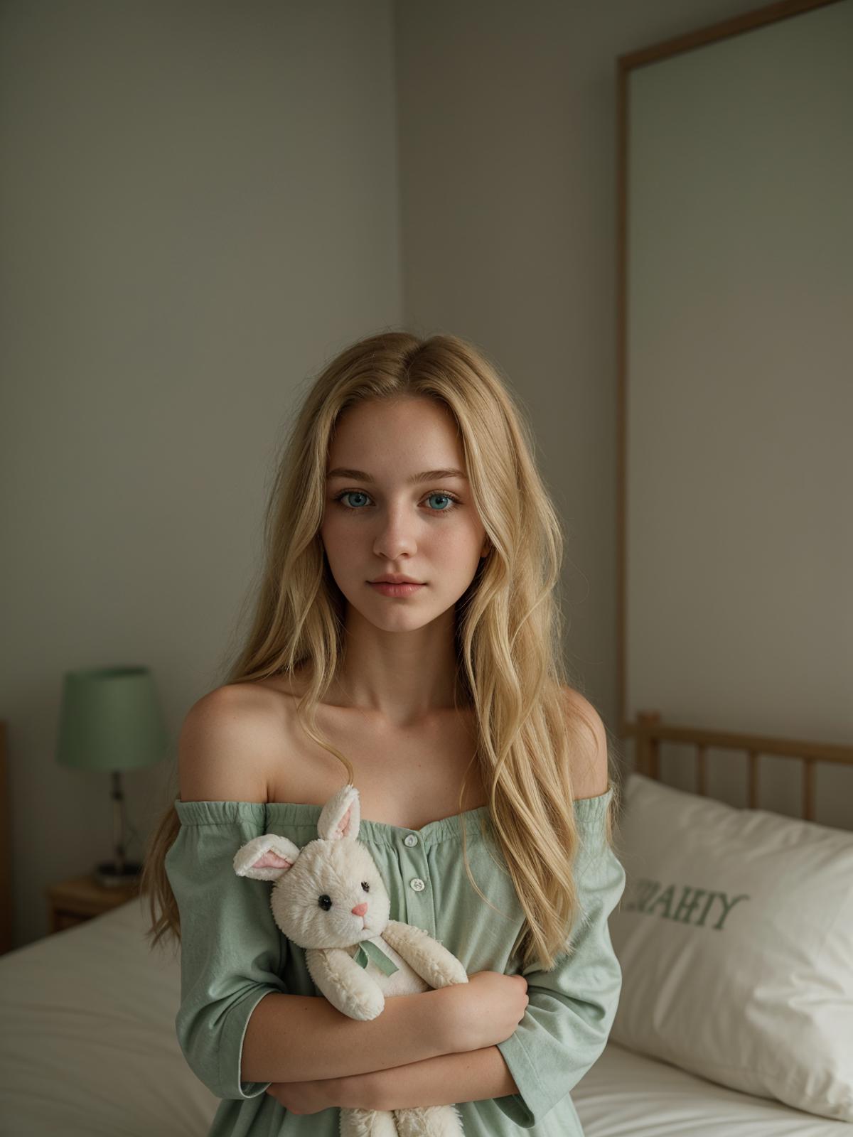 A woman holding a stuffed rabbit in a bedroom.