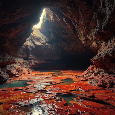 8k, source_photo, source_real, traditional media, real life photo, huge natural cave, lit from above, pools of water and vivid coloured rock formations cover the ground and walls