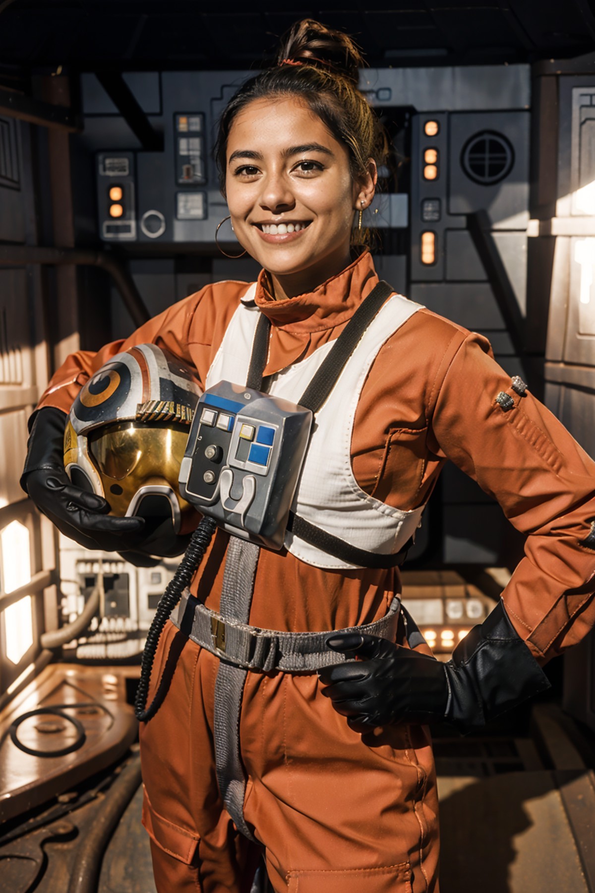 young latino woman in rebel pilot suit,ponytail,smiling,holding helmet,on dagobah<lora:RPSV3:0.8>