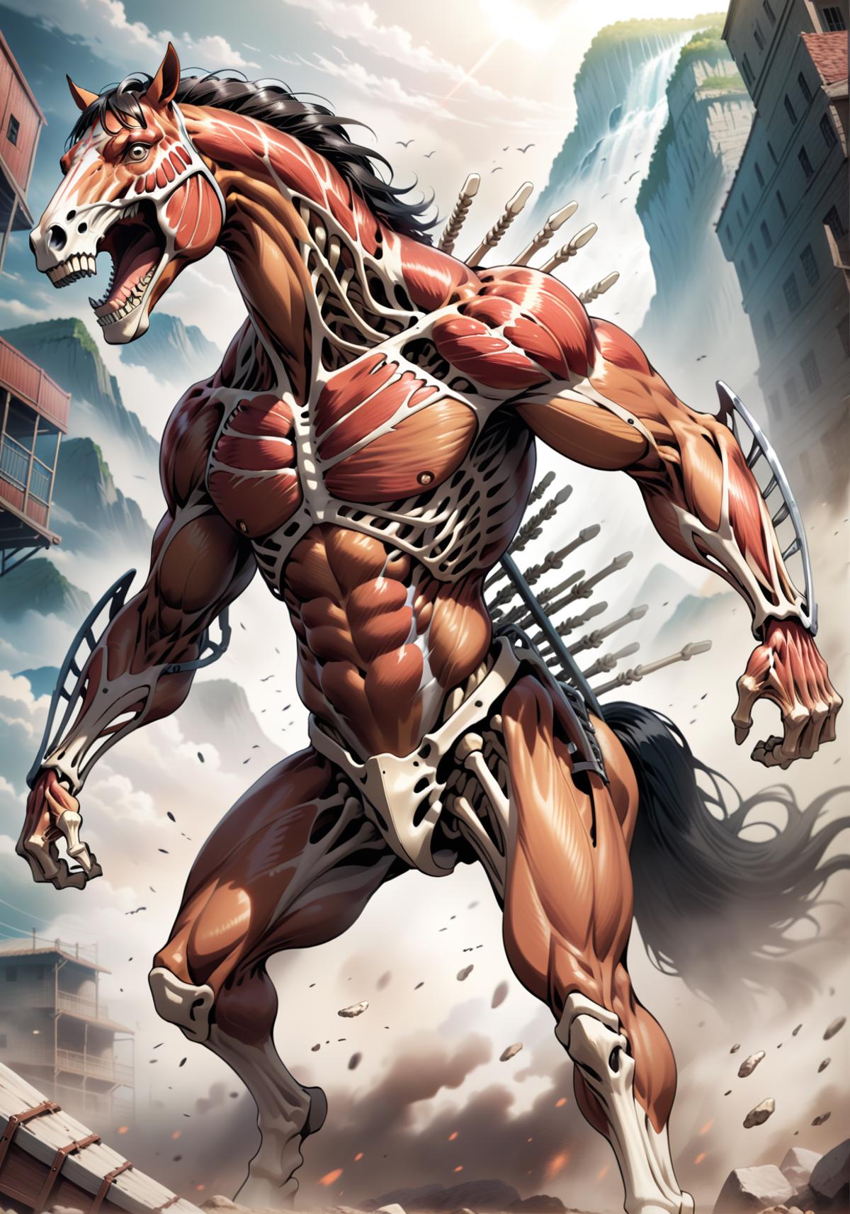 Muscular Horse with Skeletal Skin and Exposed Ribs in a Cityscape