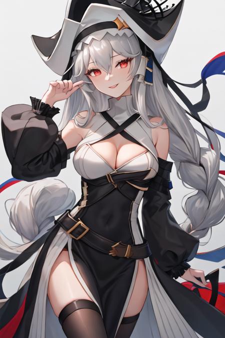 best quality, masterpiece, highres, solo, {specter_arknights:1.15}, long_hair, bangs, red_eyes, hair_between_eyes, smile, black_headwear, grey_hair, white_hair, very_long_hair, upper_body, hat, breasts, 1girl, black_dress, dress, long_sleeves, looking_at_viewer, bare_shoulders, clothing_cutout, parted_lips, cleavage, detached_sleeves, medium_breasts