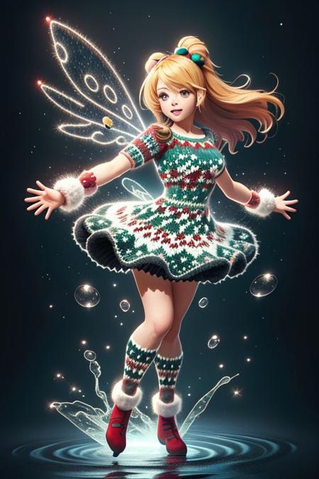 christmassweater, epiCPhotoGasm-colorfulPhoto, splashes, splashing, magical girl wearing a Christmas sweater and magical girl outfit, magical girl dress, full body, dynamic pose,
