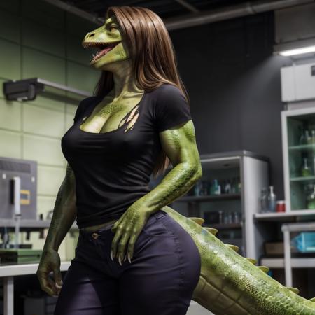 full body image, detailed laboratory interior setting, cool lighting, (solo:1.3)
BREAK, 20 years old, anthro lizard female with (green scales), muscular, lean build, bright yellow eyes, (large lizard tail), dark green breasts, no eyebrows, (long brown hair, straight hair), enraged expression, blushing, screaming, drooling, lizard snout, grimacing, large sharp lizard teeth, (realistic scales, scales over body, detailed scale texture), (wearing extremely torn long lab coat, wearing a black t-shirt, wearing purple pants), large butt, wide hips, clothes ripped, large claws