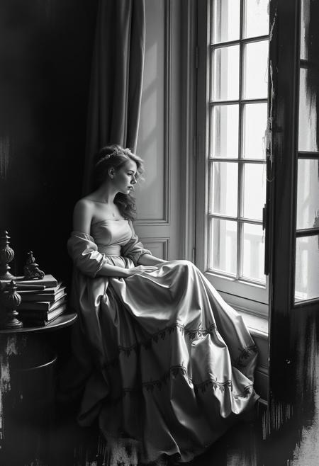 A noblewoman sitting by a sunlit window, her flowing silk gown rendered with  luminous elegance, while books, small trinkets, and a cat playfully interact with the scene in  intimate genre style. high-contrast black-and-white photography, surreal abstract distortion, raw expressive brushstrokes, inverted and fragmented perspective, haunting atmospheric minimalism, misty dreamlike textures, strong contrast between realism and chaos