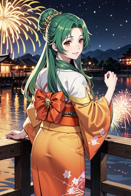 forward hands,<lora:elinciaV2:0.9>,hos_elincia, japanese clothes, obi, sash, wide long sleeves,print kimono, orange kimono, tabi, geta, frills,summer festival,smile,firework,night,river,bridge,(masterpiece, best quality, ultra-detailed, best shadow)