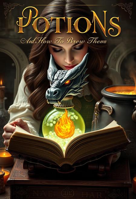 "Create a hyper-realistic image of a fantasy feminine alchemist mixing potions reading a book, book cover with the title 'POTIONS And How To Brew Them' in elegant, cursive font at the top. Below the title, a beautifully crafted potion bottle in the shape of a dragon's head should dominate the center, filled with a bubbly, shimmering magic potion that seems to glow from within. The bottle should feature a fiery, orange fireball at its center. The book should be placed on a wooden stand next to a bubbling cauldron filled with a magical brew, surrounded by steam and mystical energy. The cauldron should be adorned with intricate, glowing runes that seem to pulse with magic. The cover should be decorated with alchemy etchings that add a touch of mystical, ancient wisdom. The overall effect should be one of enchanting, mystical wonder, with a focus on the art of potion-brewing and the magic of the mystical arts." highest-Quality, 8 k, intricate details, visually stunning, Masterpiece, alchemist is wearing tinted glasses, curly ginger hair, leather vest with pockets, cargo shorts, thigh high socks,