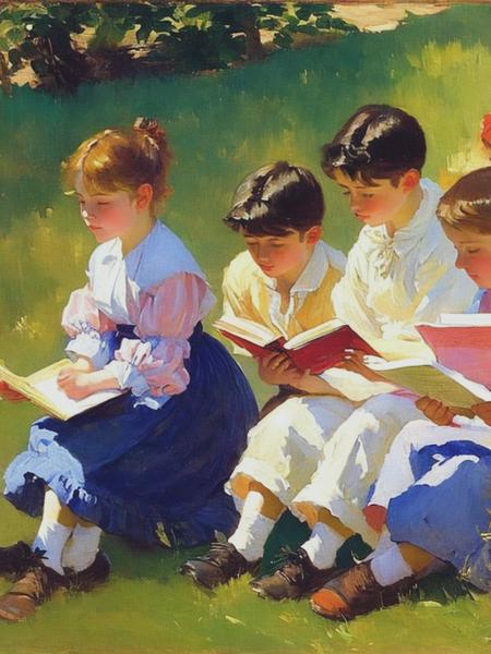 <lyco:MaryCassatt:1.0> mary cassatt,A group of boys and girls sat on the ground reading