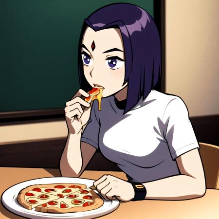 raven,short hair,eating,pizza,table,looking at viewer,masterpiece,best quality,masterpiece,best quality,absurdres, 8k,highres