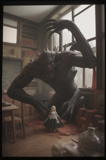 dark moody unsettling and surreal Kodachrome photograph, original character, hasselblad, indoors, giant horrifying demonic hand reaching through doll house window, megalophobia, small world,