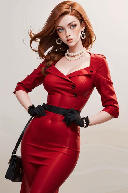 v1ntag3dr3ss, black gloves, red dress, pearl necklace,