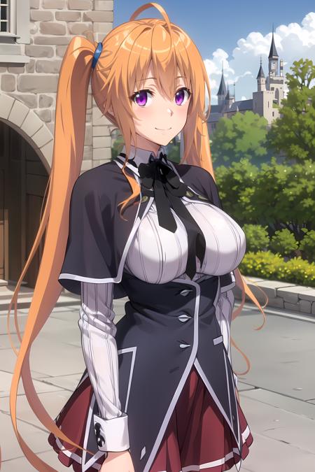 ShidouIrina striped shirt, neck ribbon, black ribbon, black corset, purple skirt, large breasts, capelet black bodysuit, detached sleeves, bare shoulders, shorts, skin tight, cross necklace orange hair, long hair, twintails, scrunchie, ahoge, purple eyes