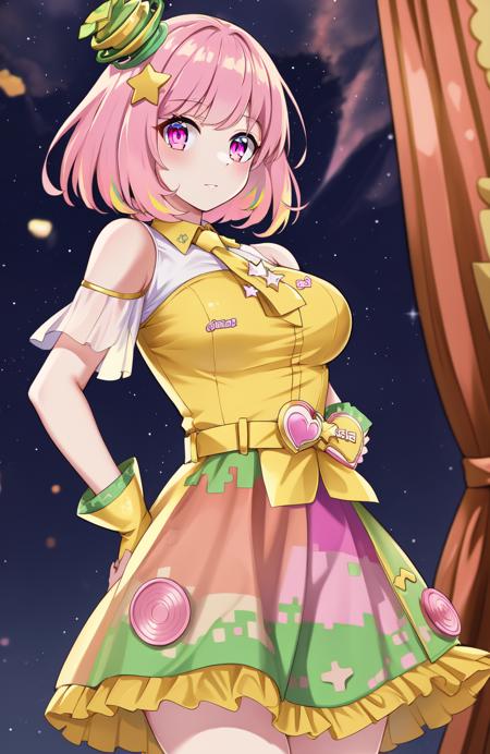 ((masterpiece)), (best quality:1.7), (detailed:1.4), (high res:1.4), 8k, (colorful:1.5), 2d, high resolution, sharped image, 4k, hd, poppi(kamen rider), 1girl, (((solo))), pink hair, pink eyes, dress, thighs, medium breasts, hair ornament, hands on own hips, bare thighs, bare arms, hat, heart, bare shoulders, short, sleeves, looking at viewer, focus on character, frilled sleeves, gloves, chest ornaments, <lora:popii_kamenrider:0.7>, <lora:thickerLinesanimeStyle:0.5>