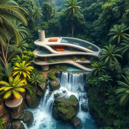 A futuristic concrete modern house on a waterfall inspired from a famous architect, with exotic luxuriant vegetation around, in a tropical jungle setting, photorealistic, a masterpiece, 4K, high details, view from above