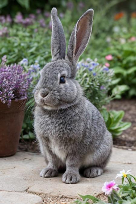 Blue Darkgray dwarf rabbit, garden,lsdr,masterpiece,natural pic, realistic background