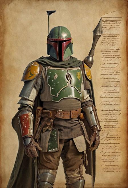 Boba Fett as medieval knight, old scroll with illumination
