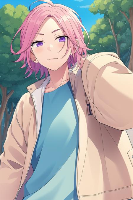 masterpiece, best quality, absurdres, cute, ultra-detailed, perfect anatomy, outdoors, <lora:ensemble stars-000050:0.6>, oukawa kohaku, ensemble stars, solo, 1boy, purple eyes, pink hair, male focus