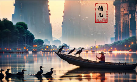 landscape, Guilin, China, iconic symbol of China's natural landscapes, Fishermen casting nets on the Li River with cormorant birds with a Cute girl touch, captured in the evocative style of the soft orange glow of the setting sun. A narrow alley on the right provides a glimpse of a tranquil garden filled with vividly blooming flowers. Ultra HD, 8K, with fine details, bringing the textures of the scene alive. Featuring: Lomography , Extreme wide portrait , 3D rendering , symmetrical composition , UHD , Wide angle lens,
Ink style, A shot with tensiondetailed backgroundDouble exposure,masterpiece, professional artwork, famous artwork,
<lora:~Q?-\ql4nY+:0.8>