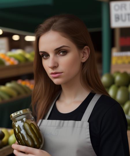 <lora:k3mp3rf1_08SD-000005:1.0>, a (medium shot) photograph of (beautiful 24 year old) (k3mp3rf1 woman:1.1) as a merchant,wearing a (pearl gray) (shopkeepers apron:1.2) over (black shirt:1.1),holding a (large jar of pickles:1.4),standing in front of a (produce stand:1.1),at a busy street market on cobblestone street crowded with shoppers,long dark hair,(smile:0.7),lips,makeup and eyeshadow,(face focus),, cinematic photograph, photorealism, realistic lighting,(bokeh),realistic shadows,masterpiece,Award-winning, 8K wallpaper,Hyperrealistic, intricate detailed, subsurface scattering, rule of thirds, detailed pupils, 35mm photograph, detailed skin texture, (blush:0.5), (goosebumps:0.5), subsurface scattering