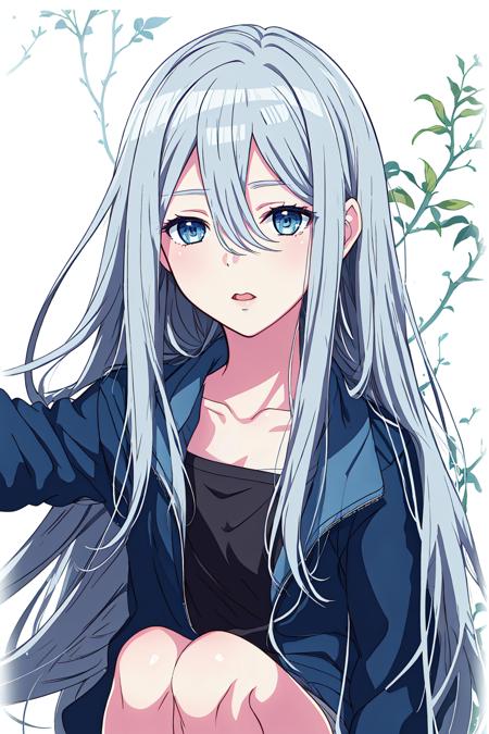 solo,1girl,blue eyes,very long hair,grey hair,blue hair,hair between eyes, straight hair,bangs,Botanical illustration, masterpiece, best quality, extremely detailed,<lora:Yoisaki Kanade_20230626234846-000006:0.8>