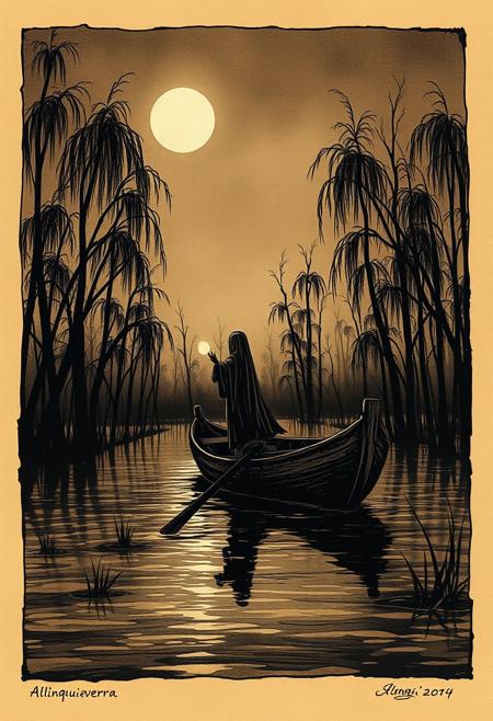 linquivera,  Ink illustration, (anime:0.5), brown tones, aged black red paper, inkpunk, moonlight,surreal, a ghost standing on a boat in swampy wetlands, (at a distance), Will-o'-the-wisp, moonlit, lonely, solitude, windy, tall trees, willows, willowy,  OverallDetail, extremely detailed, UHD,(long exposure , dystopian but extremely beautiful:1.4),<lora:- SDXL - letitflrsh_let_it_flourish_V1.0:0.8> ,<lora:Cute_Collectible:1>, <lora:XL_boss_battle:0.6>  <lora:add-detail-xl:1>,  <lora:Concept Art Twilight Style SDXL_LoRA_Pony Diffusion V6 XL:1>,  <lora:MJ52:1>