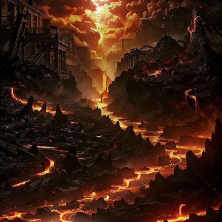 (masterpiece:1.2), (best quality,:1.2), 8k, HDR, ultra detailed, ((photorealistic)), professional light, cinematic lighting, fashion photography, ambient lighting, atmospheric effects, a river of lava through a burning town, bones lying everywhere, <lora:RealmsOfFire-10:1>, epiCPhoto