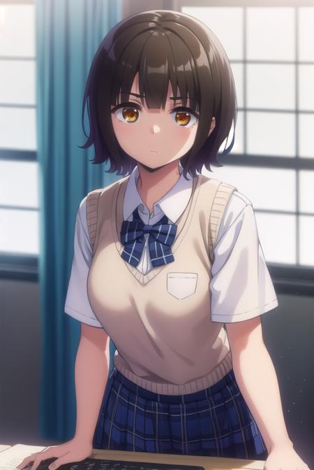 kanatahiga, <lora:kanata higa anime s1-lora-nochekaiser:1>,
kanata higa, short hair, bangs, brown hair, (brown eyes:1.3),
BREAK shirt, bow, school uniform, white shirt, short sleeves, bowtie, blue bow, sweater vest, plaid bow,
BREAK indoors, classroom,
BREAK looking at viewer,
BREAK <lyco:GoodHands-beta2:1>, (masterpiece:1.2), best quality, high resolution, unity 8k wallpaper, (illustration:0.8), (beautiful detailed eyes:1.6), extremely detailed face, perfect lighting, extremely detailed CG, (perfect hands, perfect anatomy),