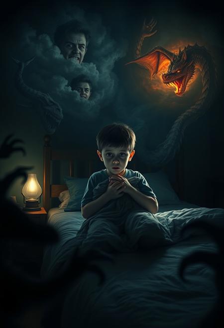 A dark, atmospheric scene with an eerie, unsettling vibe, illuminated just enough to reveal the details. A young boy sits on the edge of his bed, clutching his blanket tightly, his wide, fearful eyes reflecting the dim light of a flickering lamp. Heavy thoughts materialize around him as swirling, ominous clouds filled with vivid, disturbing images: visions of war, deceitful faces, and fearsome dragons breathing fire. The shadows in the room seem to come alive, forming the shapes of menacing creatures with sharp teeth, lurking in the corners, partially hidden but still visible enough to convey a sense of impending danger. The boy is clearly terrified, his fear of falling asleep palpable as he stares into the dark, where nightmares await. The overall composition balances darkness with just enough illumination to highlight the surreal, nightmarish elements, creating an intense and haunting scene centered on the boy’s fear.
,Something's wrong, shut the light
Heavy thoughts tonight
And they aren't of Snow White
Dreams of war, dreams of liars
Dreams of dragon's fire
And of things that will bite, yeah