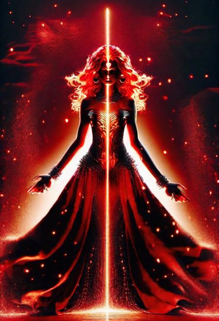 <lora:SDXLRageStyle:1>RageStyle photo, portrait, beautiful, beautiful Nephilim, fulll body portrait, photorealistic, 3D render, , glitter red|black flame dress, back lighting, high quality high quality, rtx, caustic effects