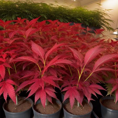 (bright red:1.4) young pot leaves, vegetative,  GANnabis,  <lora:GANnabis-000009:0.5>