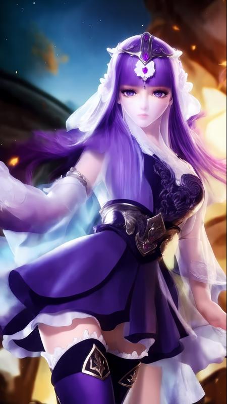 <lora:shaosiming_13200:1.4>, masterpiece, (best quality:1.4), (ultra highres:1.2),4K quality, (delicate illustration:1.4),(8k, RAW photo:1.2),1girl,purple eyes,veil,armor,dress,wrist cuffs,thighhighs,thigh boots,