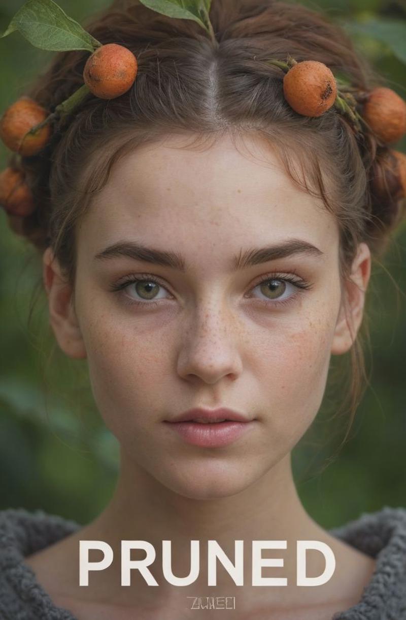 A woman with freckles and green eyes wearing a crown of fruit.